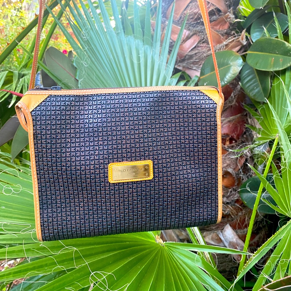TED LAPIDUS Paris Brown Leather Logo Embossed leather crossbody shoulder bag.